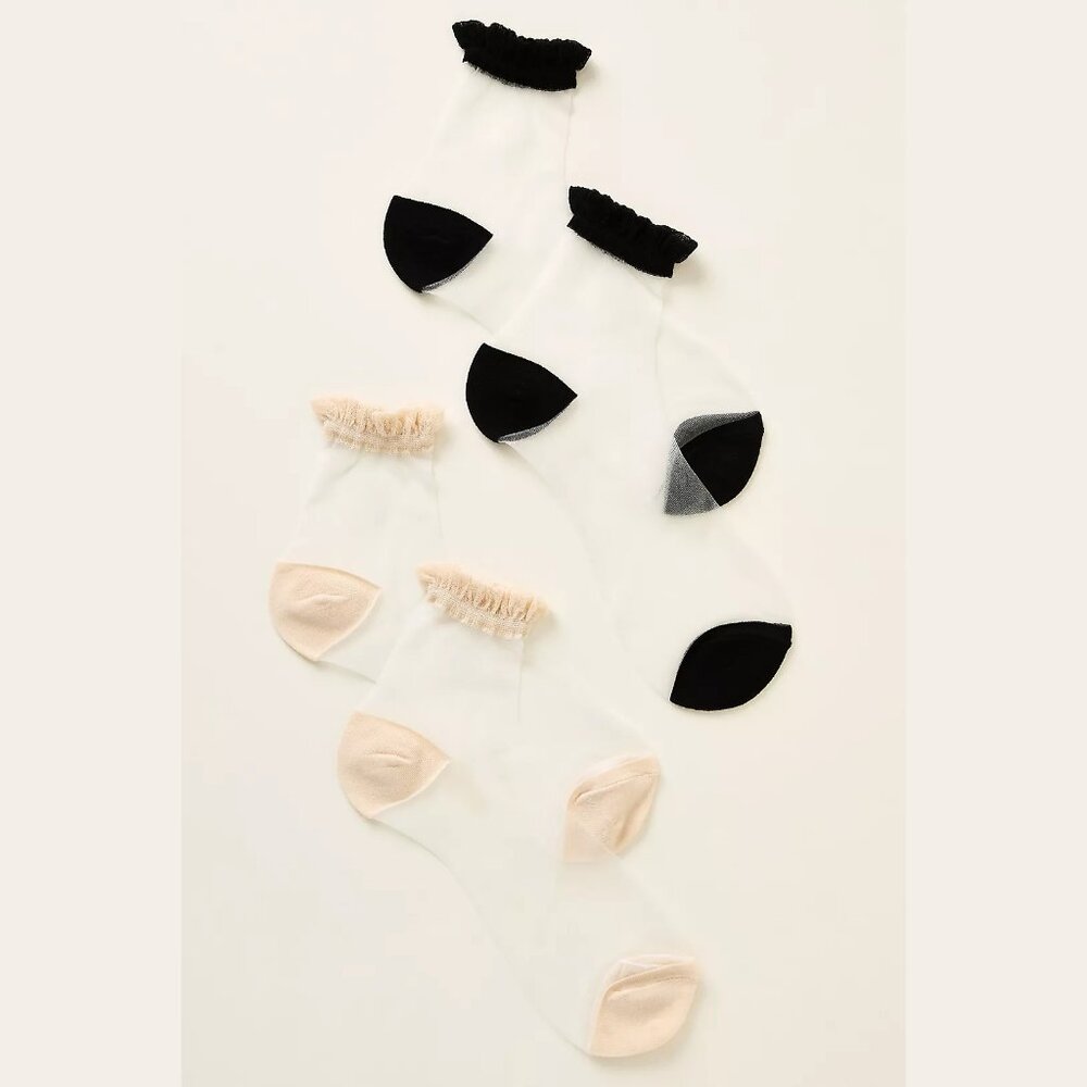 NEW Sheer Crew Socks, Set of 2 - by Anthropologie, Beige/Black